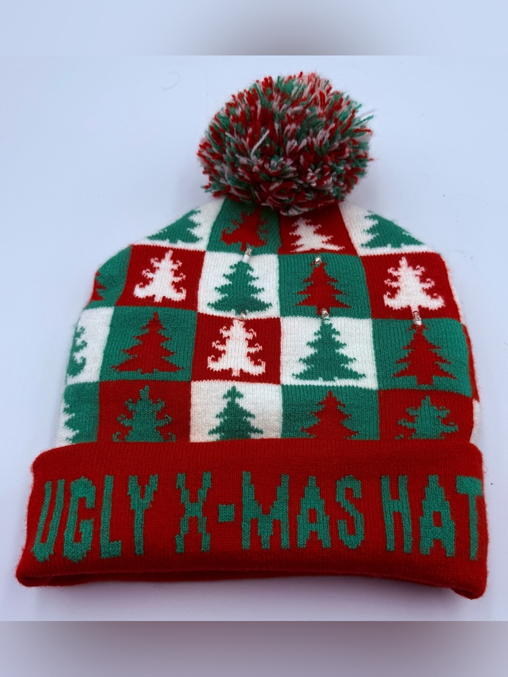 Red And Green Checked Knit LED light-up "Ugly X-Mas Hat" Cuffed Beanie Unisex